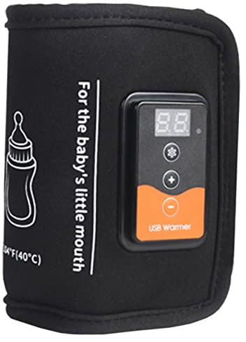 USB Flaschenwärmer Tragbar für Babyflaschen, Schwarz, 5v 10w | Neoprenhülle mit Reißverschluss, 40°c bis 45°c Steuerung, Display und USB Anschluss für Unterwegs