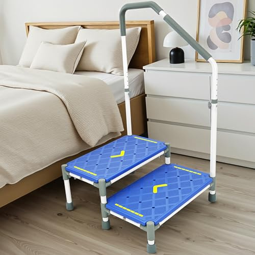 55cm Marchepied, Accoudoirs Réglables en Hauteur, Charge Max 225 kg | Bandes Luminescentes et Antidérapant, Pour Lits Surélevés,Camping-Cars, Cuisine, Salle de Bain et Seniors