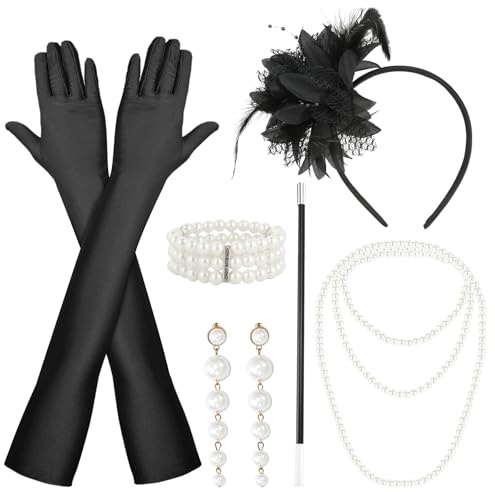Haocjanc 20er Jahre Accessoires Damen Set, Great Gatsby Accessoires, 1920er Jahre Kostüm mit Haarbänder Handschuhe Ohrringe Halsketten Armband für Karneval, Mottoparty & 1920er Party