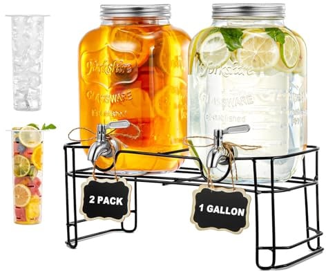 Distributore 2 in 1 da 4L in vetro, con supporto e rubinetto in acciaio inox. Perfetto come dispenser acqua o dispenser bevande per succhi, cocktail e limonata. Ideale per feste, picnic e barbecue.