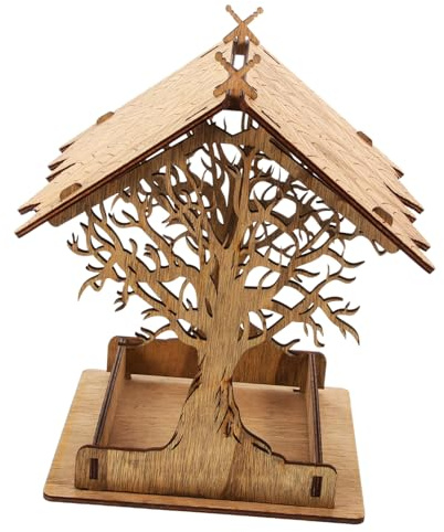 Kisangel Robuster Hängender Vogelfutterspender aus Dunklem Holz mit Spritzschutz-Design Großer Kapazität Geeignet für Kleine Wildvögel Wie Tauben Papageien Finken für Garten und