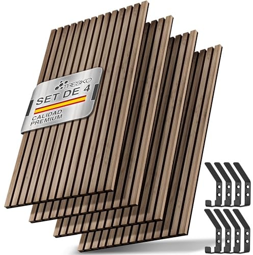 TRESKO 4 pannelli acustici in legno, 120 x 60 cm, con 8 ganci appendiabiti, rivestimento da parete in rovere chiaro come parete a lamelle 3D, pannelli in legno per isolamento acustico
