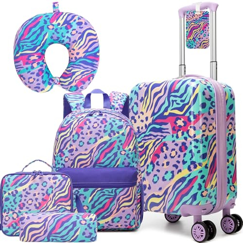 Set di Valigie per Bambini 5 Pezzi – Trolley Bambina Bagaglio a Mano Rigido con 4 Ruote Girevoli 360° – Include Zaino, Cuscino da Viaggio, Borsa Portamerenda e Astuccio – Valigia Ragazza Leggera