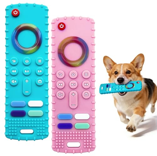 ZukZythepsor 2-Pack Remote Control Shape Puppy Teething Toys - Soft Silicone Dog Chew Toys for Small Breeds - Interactive Boredom Relief & Dental Health Set for Aggressive Chewers - Pink & Blue