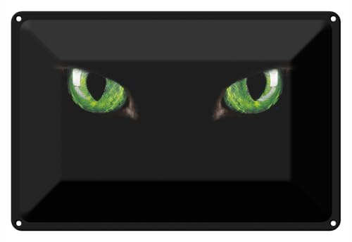 Wallario Blechschild Wandbild aus Metall Grüne Katzenaugen bei Nacht - 20 x 30 cm in Premium-Qualität: Brillante Farben