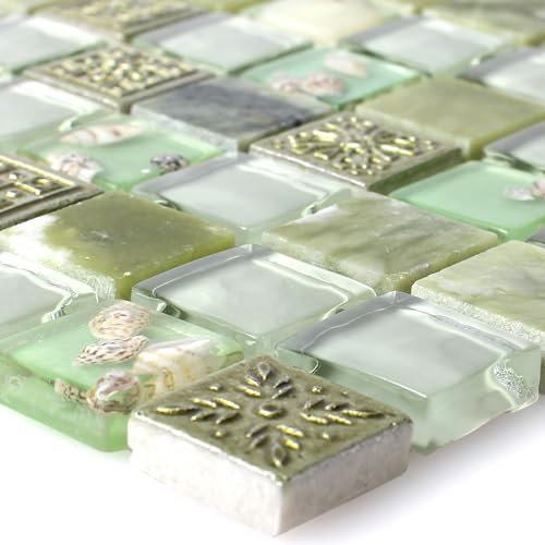 Glasmosaik Natursteinfliesen Tatvan Muschel Grün | Wandfliesen | Mosaik-Fliesen | Glas-Mosaik | Fliesen-Bordüre | Ideal für die Küche und Badezimmer (auch als Muster erhältlich)