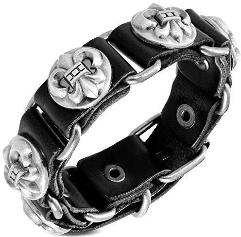 UrbanBijoux Bracelet Large Homme de Force en Cuir et Fleur de lys Biker Motard