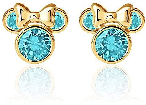 Disney Minnie Mouse Ohrringe mit 10 karät Gelbgold für Mädchen, verziert mit Zirkonia Geburtsstein, Aquamarin
