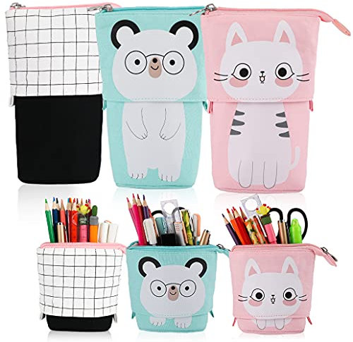 iSuperb 3PCS Transformator Federmäppchen Verwandeln Mäppchen Ständer Bleistifthalter Einziehbarer Bleistiftetui Stand Pencil Case Stehstifthalter Mädchen Kosmetiktasche Organizer (Bär/Katze/Plaid)