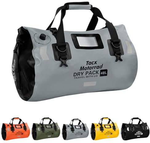 tacxmotorrad Wasserdichter Seesack für Herren/Damen, Roll-Top-Trockenrucksack, Seesack mit Schnellfixiergurten, Motorrad-Satteltasche für Motorrad, Rafting, Bootfahren, Kajak, Reisen, 48L-Grau