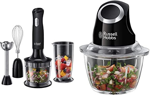 Russell Hobbs Mixeur Plongeant Multifonction 3en1 500ml - Noir & Hachoir Electrique Bol Préparation 1L, Lames Acier Inoxydable Amovibles, Compatible Lave Vaisselle - Noir 24662-56 Matte Black