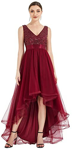 Ever-Pretty Robe Demoiselle d'honneur Femme Longue Paillettes Tulle Col V Asymétrique A Line Brillante Bordeaux 40