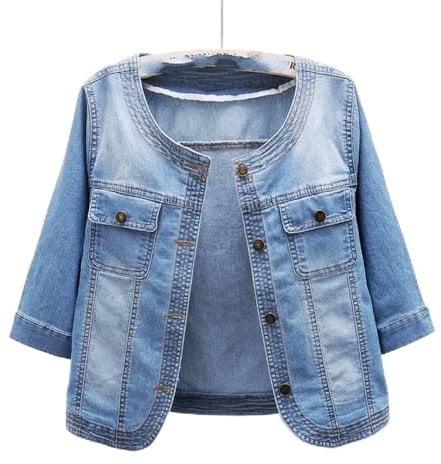 MEIZHAUNG Women'S Denim Jacket - Casual Coat Short Jeans Jacket For Women， Blue Roundneck Three Quarter Sleeve Denim Jacket ，Large Size With Pockets Washed Denim Top,Blue,L