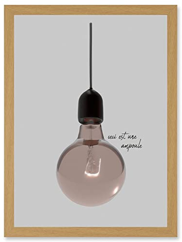 Artery8 Minimalist French Illustration of a Retro Peach Pink Light Bulb Ceci Est Une Ampoule Artwork Framed Wall Art Print A4