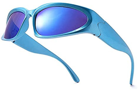 YUELUQU Y2K Wrap Around Sunglasses Men's Women's Futuristic Outdoor Sports Sunshade UV400 Glasses (Blue Frame/Blue Lens)