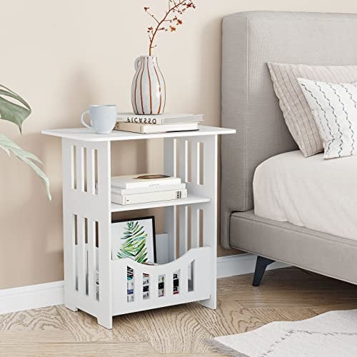 Dripex 3-Tier Side End Table with Storage Shelf Basket, White Small Bedside Table, Slim Narrow Nightstand Small Spaces for Living Room, Bedroom, Bathroom, Balcony