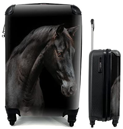 MuchoWow© Koffer Handgepäck Trolley Rollkoffer Kleine Reisekoffer mit 4 Rollen - Pferd - Tiere - Schwarz - Porträt - Cabin Size < 55x40x23 & 55x40x20 cm - Fotokoffer - Kabinenkoffer - Boardgepäck
