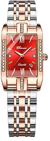 JewelryWe Uhren Damen Analog Quarz Armbanduhr Luxus Elegant Datum Kalender 30m Wasserdicht Strass Rechteckig Edelstahl Armband Geschäfts Beiläufige Uhr mit Uhrenwerkzeug Rot