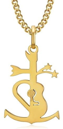 BOBIJOO JEWELRY - Collier Pendentif Croix de Camargue des gitans Guitare Acier inoxydable Or
