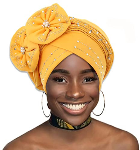 IYOU Beanie Mütze Kopfbedeckung Gelbe Strasssteine Kopftuch Blume Perlen Gedrehter Kopf Turban für Frauen Mädchen