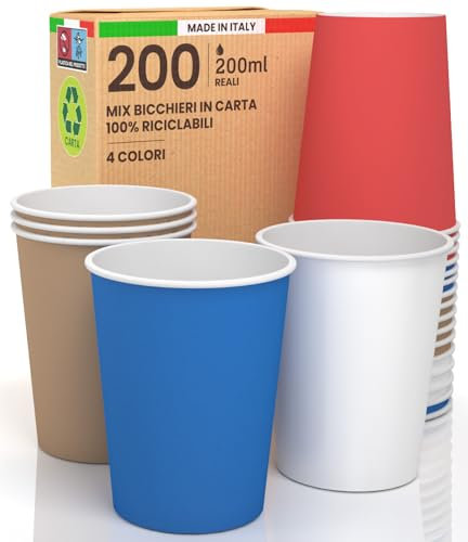 200 Bicchieri in Carta 200ml Mix Essentials Ecologici Biodegradabili Monouso Made in Italy Asporto Bevande Calde Acqua - MIX di Colori Blu Avana Rosso Bianco - Prodotto e Confezionato in Italia
