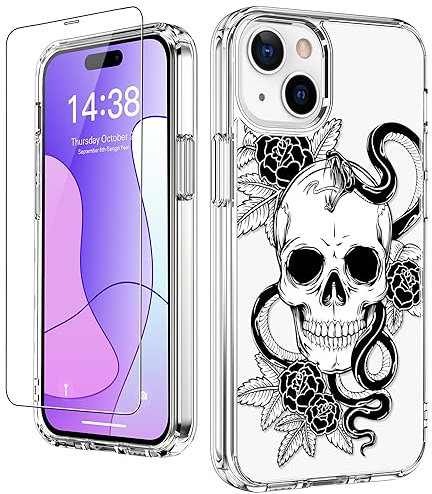 LUHOURI Schutzhülle für 15 Plus, mit Displayschutzfolie, kristallklare Hülle mit modischen Designs für Frauen und Mädchen, schlanke Passform, Schutzhülle für 17 cm, Rose und Totenkopf