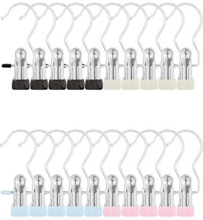 BINCKIN 20 Pcs Stainless Steel Clothes Pegs for Washing Line - Towel Pegs With Hooks, Heavy Duty Sock Pegs, Non-Slip Metal Laundry Pegs for Shoes, Food Sealing, Photos （Black,Blue,Pink,White）