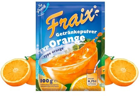 FRAIX Lot de 50 boissons en poudre orange (50 x 100 g) - Poudre instantanée aux fruits au goût fruité - Poudre de fruits parfaite pour les déplacements, les fêtes d'anniversaire
