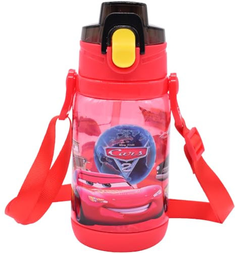 MccQueen Cars Kids Water Bottle with Straw, Lightniing Cars Flip Top Water Bottle Leakproof Auto Push Button Reusable Kids Drink Bottle Leak Proof Water Bottle for Kids and Toddlers, 400ml