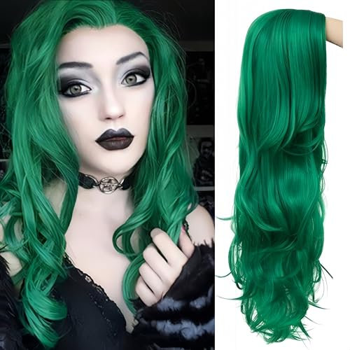 Siudus Grün Lange Wellige Perücke für Frauen Lockige Natürliche Synthetische Hitzebeständige Mittlere Partei Halloween Kostüm Haar Perücke