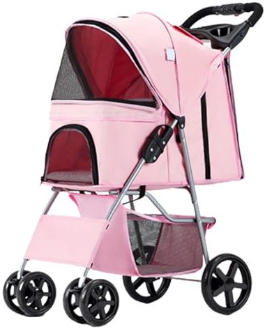 PJDDP Passeggino per Cani E Gatti, Passeggino per Animali Domestici A 4 Ruote con Cestello Portaoggetti E Portabicchieri per Gatti Piccoli E Medi, Passeggino Pieghevole da Viaggio per Cani,Rosa