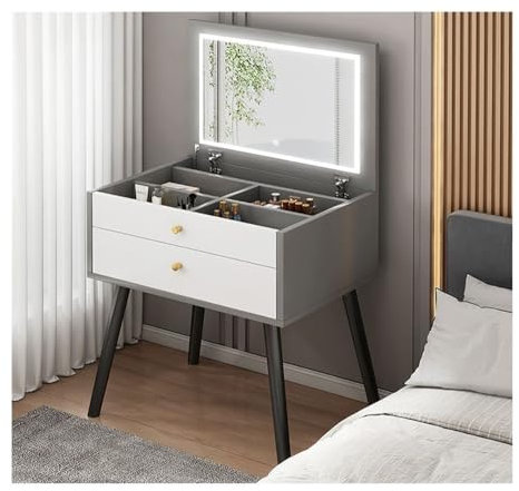 Waschtischset Mit Flip Top Spiegel, Schminktisch Schreibtisch Mit Einstellbarer Helligkeit (Color : Grau, Size : A)