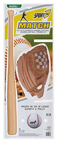 Sport1 Match Set baseball. Mazza da baseball, guanto e palla per bambini e ragazzi 8-12anni. Mazza baseball 60cm in legno, guanto ergonomico e palla in PU. Allenamento e gioco. Baseball/softball.