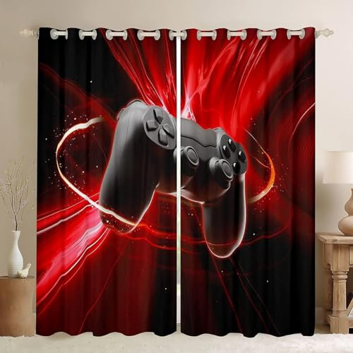 Homewish Games Boys 30%-50% Blackout Curtains for Bedroom, Red Black Gaming Console Curtains 46 Wx54 L, Video Game Gamepad Curtains & Drapes for Kids Modern Gamer Game Controller Window Curtains