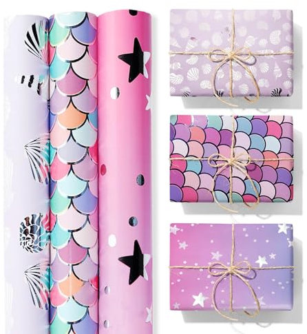 ZYOOO Sirènes Papier Cadeau, 3 Rouleaux (43cm X 3m par Rouleau) Papier Anniversaire d'emballage pour Femme Fille Bebe