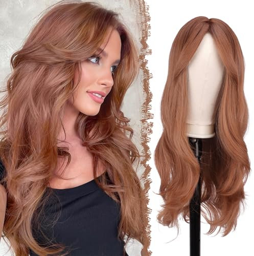 FESHFEN Lange Perücken mit Pony, Geschichtete Perücke für Damen Frauen Natürliche Synthetik haare Perucken für Tägliche Party Cosplay, 65 cm Dunkel Orange