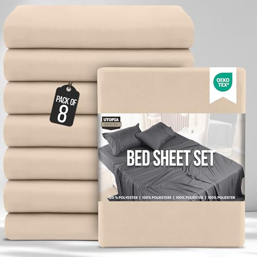Utopia Bedding Bed Sheets Set Bulk Pack of 8 (Double, Beige) – Fitted Sheet, Flat Sheet with Pillow cases 50x75 – Wrinkle, Shrinkage & Fade Resistant – Soft Brushed Polyester Microfiber Fabric
