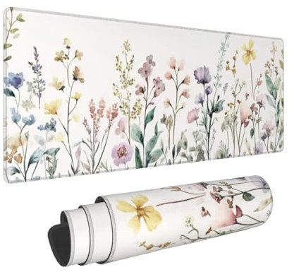 Tapis de bureau à motif floral beige, grand tapis de souris de jeu étendu XL, tapis de clavier à fleurs minimalistes mignonnes et minimalistes 80 x 30 cm, tapis de souris pour la maison, le bureau, le