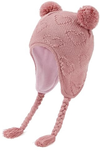 Durio Baby Wintermütze Strickmütze – Unisex Baby Mütze Mädchen Kinder Caps Jungen mit Bommel und Ohrschutzdesign Fleecefutter Beanie Mütze Rosa 1-2 Jahre