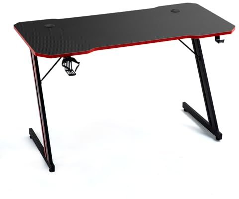 AMS-GAMING Bureau Gamer DESK120Z-RED avec Finition Rouge - Largeur 1m20 - Style Carbone - Porte gobelet & Casque