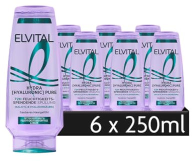 L'Oréal Paris Elvital Feuchtigkeitsspendende Spülung für fettige Kopfhaut und feuchtigkeitsbedürftige Längen, Mit Salicylsäure und Hyaluronsäure, Hydra Hyaluronic Pure, 6 x 250 ml