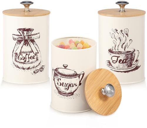 3Pcs Tea Coffee Sugar Canisters Set Vintage Style Kitchen Storage Set 25oz Food Storage Containers Pots Jars with Airtight Lid Kitchen Tea Coffee Sugar Container Tin for Kitchen Counter Cooking