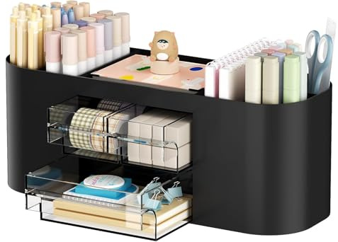 Marbrasse Schreibtisch Organizer mit 3 Schubladen,Multifunktionaler Stiftehalter,Schreibtischzubehör & Ablage mit 7 Fächern für Haus,Schule,Klassenzimmer(Schwarz)