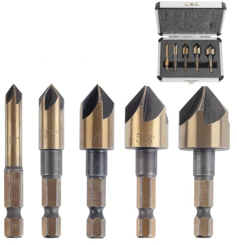 KEWAYO 5 Stück Senker Bohrer Set, Kegelsenker 82°, Senker und Entgrater Set 6-19MM für Metall,5-schneidiges Senker-Bit-Set mit Tragetasche für Metall, Holz, Versenker, Holzsenker