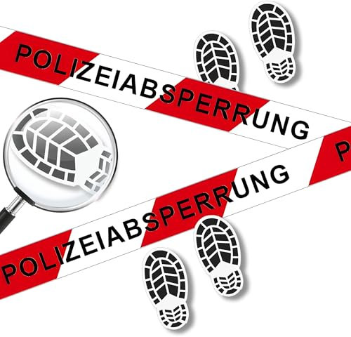 Lichtfroh Polizei Zubehör für Kinder, 3-Farben Absperrband + Fußabdruck Set - 10m x 3 Rollen, 7cm breit - für Krimibingo, Kinderpartys, Sicherheitsabsperrung