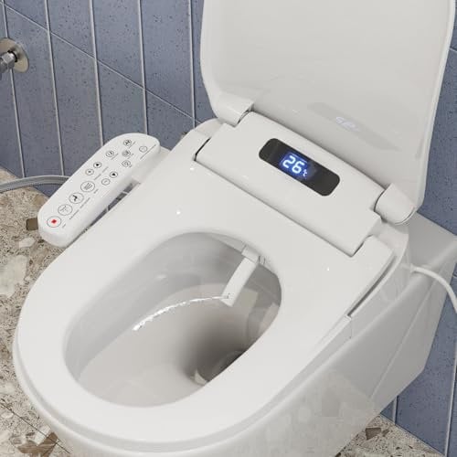 Intelligenter Smart Toilettensitz WC Bidet mit Düse, Elektrischer Dusch WC Sitz, WC Sitz mit Absenkautomatik, Dusch Funktion, Warmlufttrocknung, Einstellbarem Temperatur und Wasserdruck, Nachtlicht