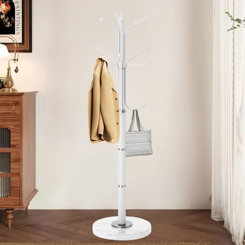 OIRUMIE Portemanteau moderne avec base en marbre naturel, porte-manteau en métal autoportant, robuste, porte-manteau debout, manteau sur pied, pour couloir, chapeaux, vestes, support pour entrée