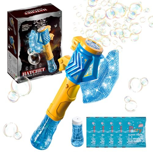 LETTERASHQP Tomahawk Seifenblasenmaschine für Kinder Mit LED Licht - Elektrische Bubble Machine Mit Seifenblasen Flüssigkeit Luftblasen Set（Blau）
