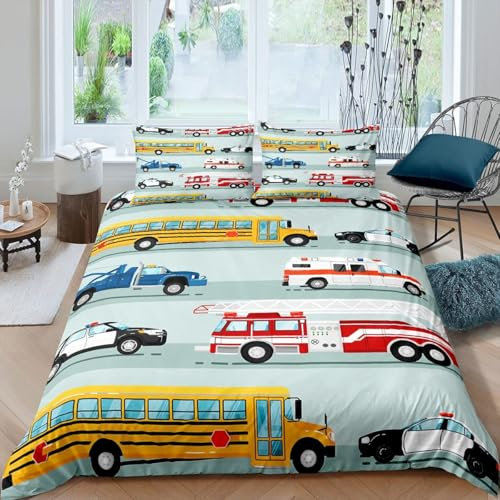 Homewish Feuerwehrauto Bettwäsche 135x200 Polizei Auto Schulbus Bettwäscheset für Kinder Mädchen Jungen Teenager,LKW Cartoon Fahrzeug Bettbezug Jugendliche Schlafzimmer Dekor 2 Teilig Mikrofaser