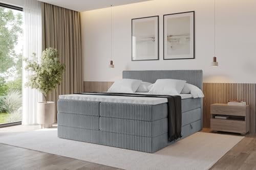 ALTDECOR Boxspringbett mit Matratze und Lattenrost, Topper, Polsterbett mit Bettkasten, Bett mit Stauraum H3- und H4- Matratze, Doppelbett, Springboxbett - TOLO King 120x200 Cord - Dunkelgrau
